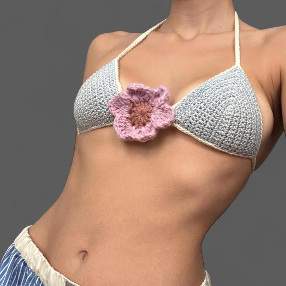 Handmade crochet bikini top with pink flower